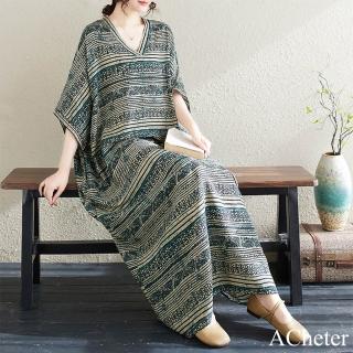 【ACheter】花色度假風旅遊V領短袖復古長裙遮肉棉麻感連身裙洋裝#121352(綠)