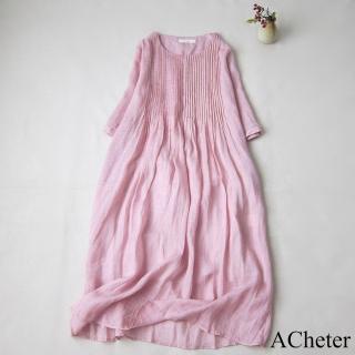 【ACheter】洋裝文藝森系苧麻感風琴褶長短袖顯瘦洋裝#121350(白/粉/紫)