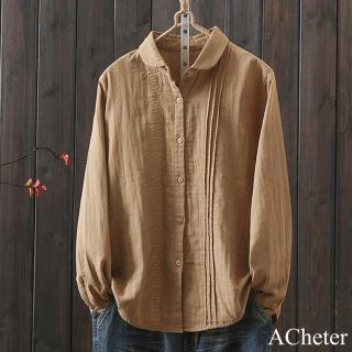 【ACheter】復古長袖襯衫文藝寬鬆氣質棉紗風琴褶短版上衣#120717(白/藏青/紫/咖)