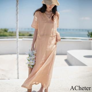 【ACheter】棉麻連身裙文藝簡約短袖V領柔美氣質抽繩寬鬆顯瘦長版洋裝#121375(橘)