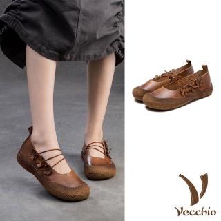【Vecchio】真皮娃娃鞋 牛皮娃娃鞋/全真皮頭層牛皮復古花朵彈力繩帶舒適娃娃鞋(棕)