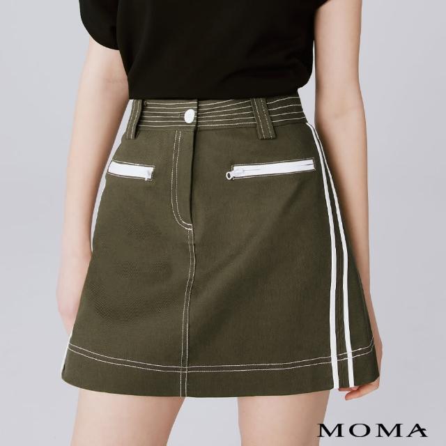 【MOMA】休閒撞色織帶短裙(墨綠色)