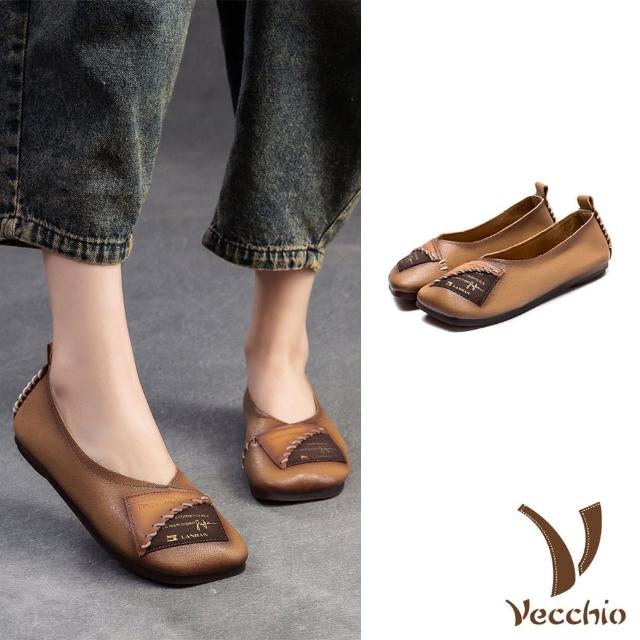 【Vecchio】真皮便鞋 寬楦便鞋/真皮羊皮復古拼貼寬楦軟底便鞋(棕)