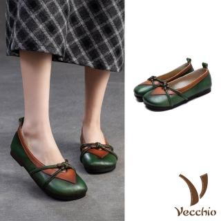 【Vecchio】真皮便鞋 拚色便鞋/全真皮頭層牛皮復古拚色中國結扣設計舒適便鞋(綠)