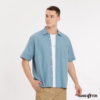 【Hang Ten】男裝-棉麻基本款素色休閑短袖襯衫(粉藍)