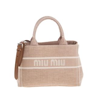 【MIU MIU】新款雙色帆布織花標誌中款手提/肩背包(粉膚色)
