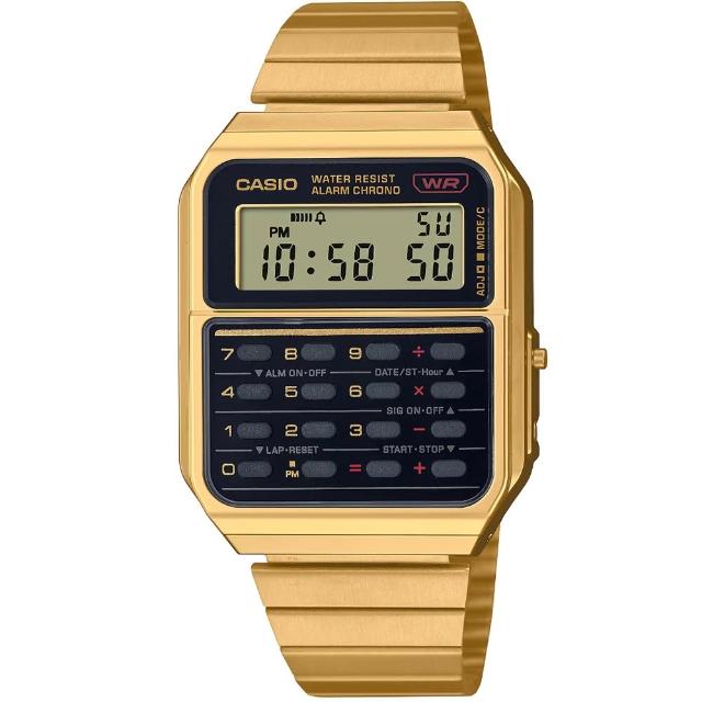 【CASIO 卡西歐】卡西歐DATA BANK 鬧鈴計算機電子鋼帶錶-金(CA-500WEG-1A 台灣公司貨)