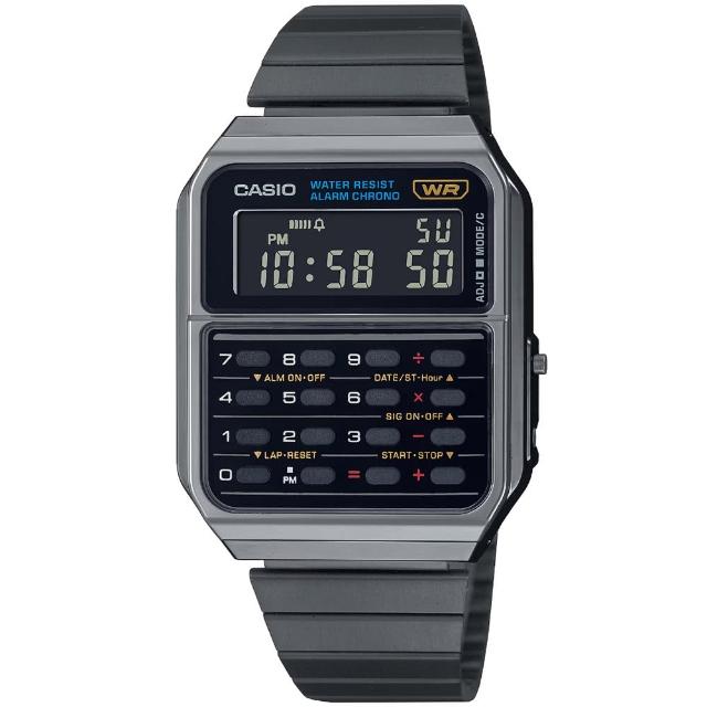 【CASIO 卡西歐】卡西歐DATA BANK 鬧鈴計算機電子鋼帶錶-IP黑(CA-500WEGG-1B 台灣公司貨)