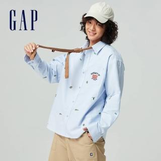 【GAP】男裝 Logo純棉翻領長袖襯衫-天藍色(877617)