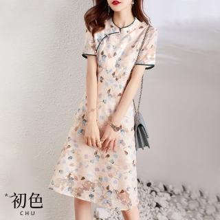 【初色】中式旗袍風立領蕾絲印花短袖連身洋裝連身裙-橘粉色-33649(M-2XL可選)