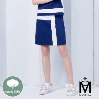 【MYVEGA 麥雪爾】MA純棉LOGO藍白色塊休閒套裝短裙褲-深藍(上下身分開販售/2024春夏新品)