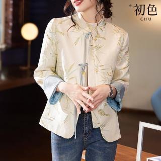 【初色】復古風植物花卉印花中國結單排釦立領長袖襯衫外套女外套-米色-33547(M-2XL可選)
