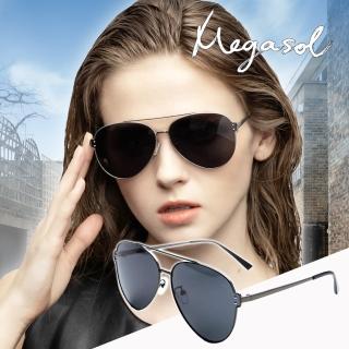 【MEGASOL】UV400防眩偏光太陽眼鏡時尚中性飛行員款墨鏡(大框鏡片切割金屬鏡架6601-4色選)