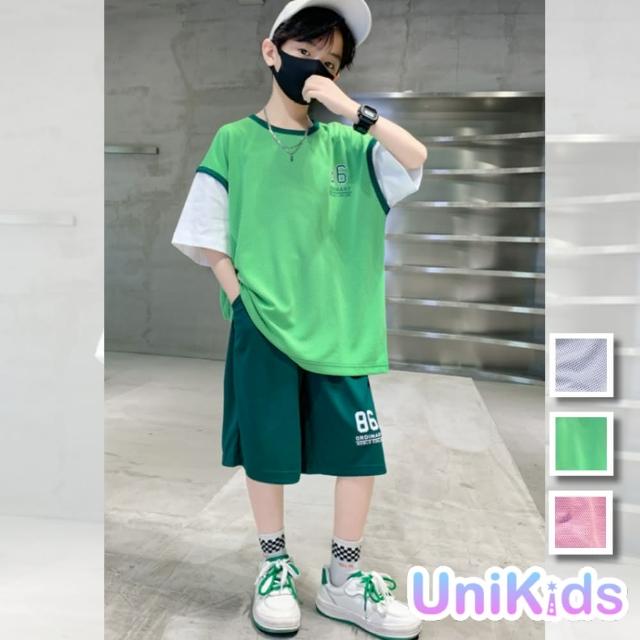 【UniKids】中大童裝2件套裝透氣速乾短袖T恤運動五分褲 男大童裝 VPMS611(綠 淺藍 粉)