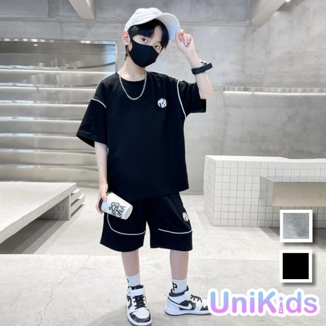 【UniKids】中大童裝2件套裝潮酷短袖T恤休閒五分褲 男大童裝 VP855(黑 灰)