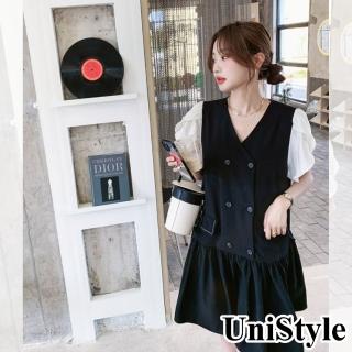 【UniStyle】雪紡短袖洋裝 韓系V領荷葉邊高級感連身裙 女 ZM256-X346(黑)