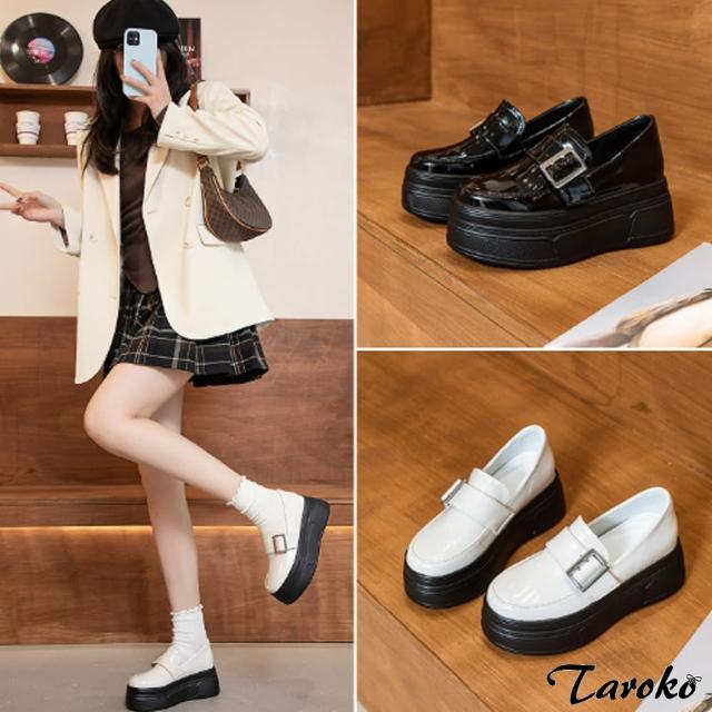【Taroko】學院方格鏡面漆亮皮厚底休閒鞋(2色可選)