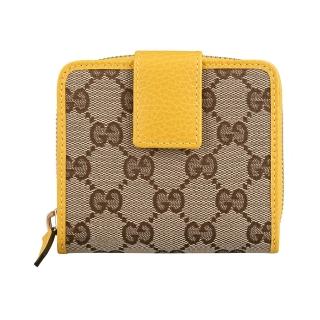 【GUCCI 古馳】GUCCI GG LOGO緹花布飾牛皮邊6卡釦式零錢短夾(咖啡x黃)