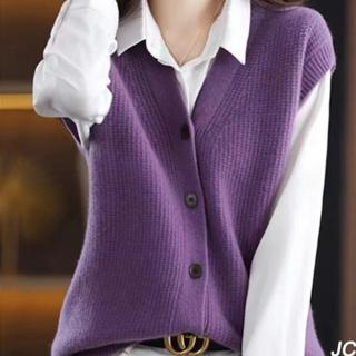 【JC Collection】保暖舒適V領單排釦針織毛線寬鬆落肩素面外套背心(駝色、紫色、綠色)