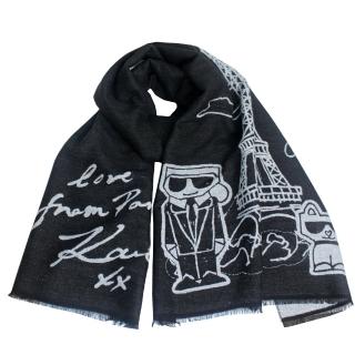 【KARL LAGERFELD 卡爾】巴黎鐵塔&貓咪圖案披肩圍巾(黑)