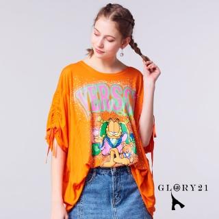 【GLORY21】速達-網路獨賣款-加菲貓亮鑽袖綁帶造型上衣(橘色)