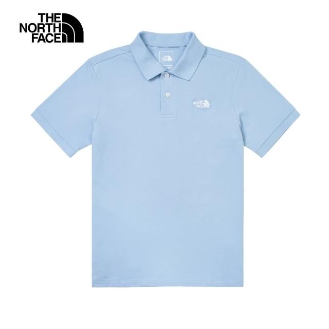 【The North Face】北面男款藍色品牌LOGO舒適立領短袖POLO衫｜87UXQEO
