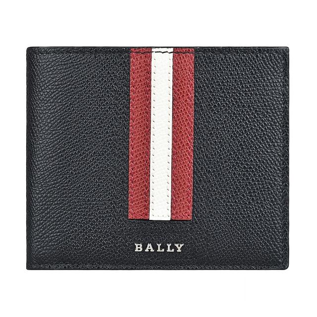【BALLY】BALLY TVEYE 金屬LOGO條紋設計牛皮10卡對折短夾(黑x紅白紅條紋)