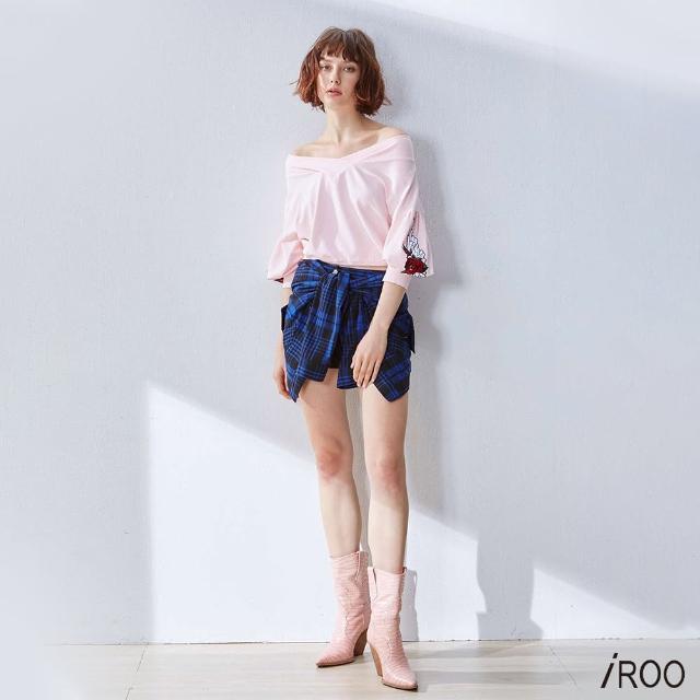 【iROO】假兩件格紋流行設計褲裙