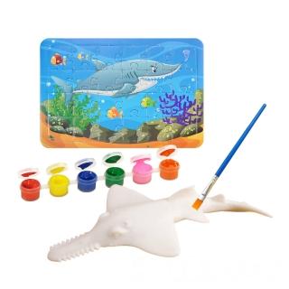 【888ezgo】DIY彩繪上色海洋動物模型+拼圖（附顏料筆刷調色盤）（隨機）（3入裝）