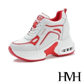 【HMH】厚底休閒鞋 內增高休閒鞋/厚底皮面幾何拼接氣墊內增高休閒鞋(紅)