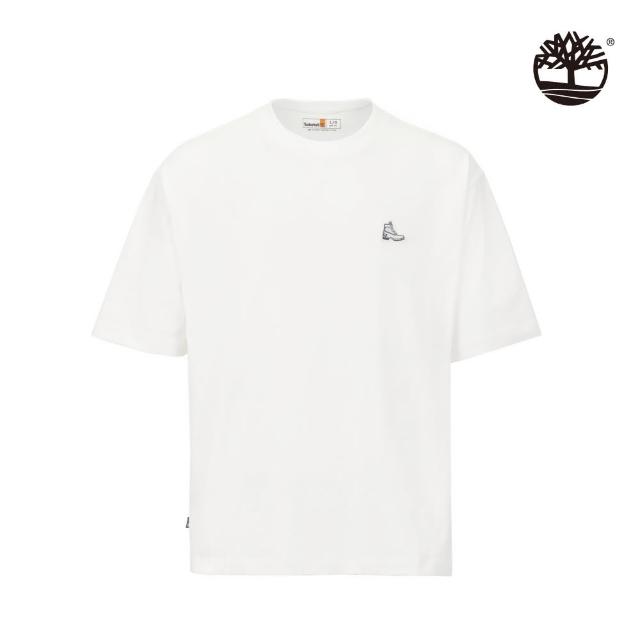 【Timberland】中性款米白色刺繡徽標厚磅短袖T恤(A5Z5U130)
