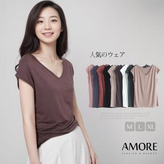 【Amore】莫代爾V領顯瘦修身上衣短袖9色M-XL(春夏穿搭必備多色百搭上衣)
