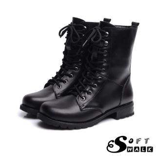 【SOFT WALK 舒步】經典款時尚綁帶真皮馬丁靴 機車靴(黑)