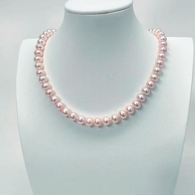 【KARAT】頭檔 粉色 金屬極光 無瑕 無核 8-9 MM 珍珠滿串項鍊