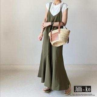 【JILLI-KO】日系顯瘦寬鬆長款大擺魚尾吊帶裙-F(綠)