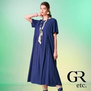 【GLORY21】網路獨賣款-etc.知性立體壓摺圓領短袖洋裝/連身裙(深藍)