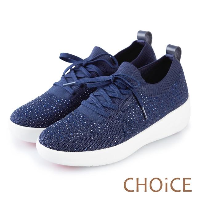 【CHOiCE】華麗運動風 針織布面燙鑽綁帶休閒鞋(藍色)