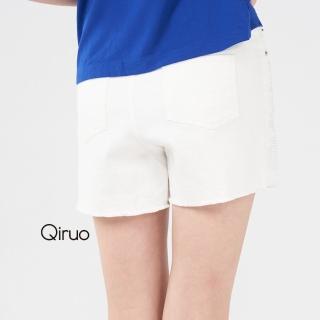 【Qiruo 奇若名品】春夏專櫃白色超短褲1221C 水鑽裝飾(白短彈性膝上短褲設計)