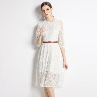 【M2M】玩美衣櫃白色蕾絲洋裝五分袖收腰連身裙M-2XL