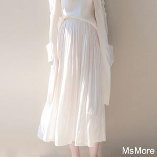 【MsMore】新款百褶法式復古高腰顯瘦A字傘裙垂感長款米白色半身裙#121067(米白)