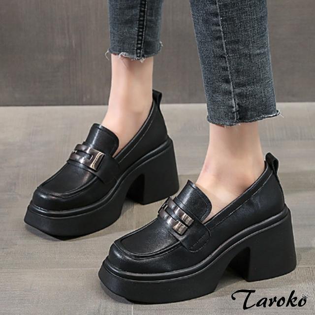 【Taroko】OL時尚穿搭全真牛皮粗高跟樂福鞋(黑色)