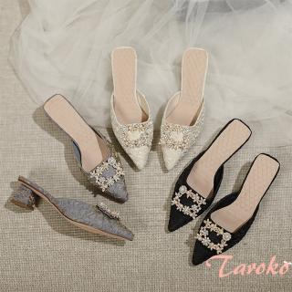 【Taroko】氣質白花珍珠皺褶綢緞尖頭粗跟拖鞋(3色可選)