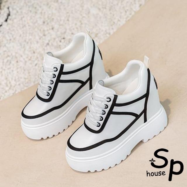 【Sp house】撞色線條真皮厚立增高休閒板鞋(白色)