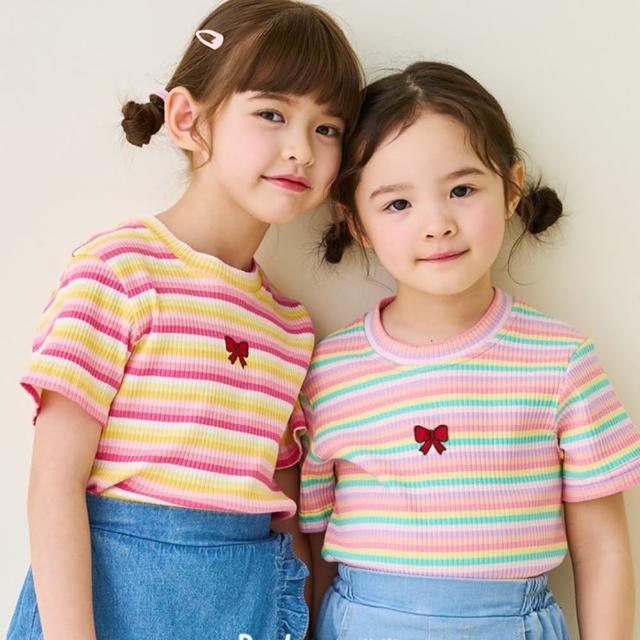 【BebeZoo】混色條紋蝴蝶結刺繡短袖上衣(TM2404-091)