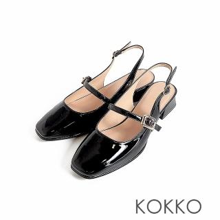 【KOKKO 集團】甜美女孩微寬楦漆皮後繫帶低跟包鞋(黑色)