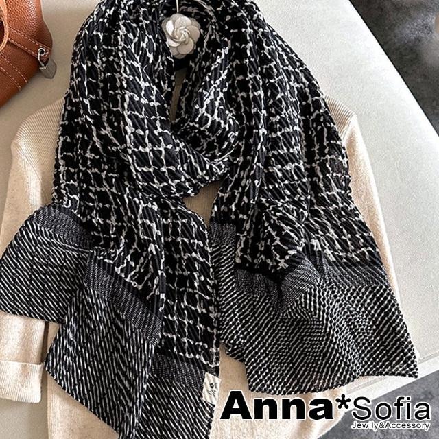 【AnnaSofia】柔軟披肩圍巾-彈性立體皺皺 現貨(黑格系)