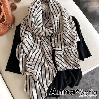 【AnnaSofia】柔軟披肩圍巾-彈性立體皺皺 現貨(黑線幾何米系)