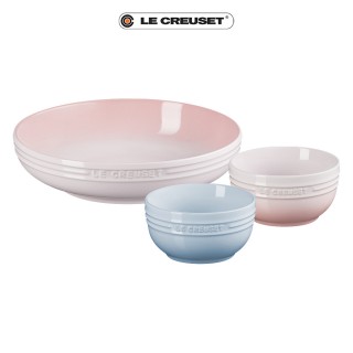 【Le Creuset】瓷器新娘系列深圓盤 25cm 1入+飯碗2入組(貝殼粉/海岸藍 超值三件組)