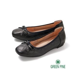 【GREEN PINE】平頭蝴蝶結菱格壓紋平底鞋黑色(00318850)