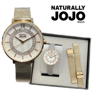 【NATURALLY JOJO】珍珠母貝 典雅彩鑽 真皮手錶 -白灰色34mm(JO96994-81R)